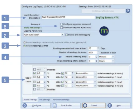 Bảng thông số cài đặt cho LogTag USRIC-16